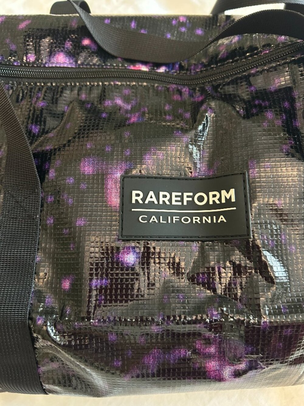 Rareform California Light Duffle Bag NWT Upcycled Billboard Vinyl Black Purple